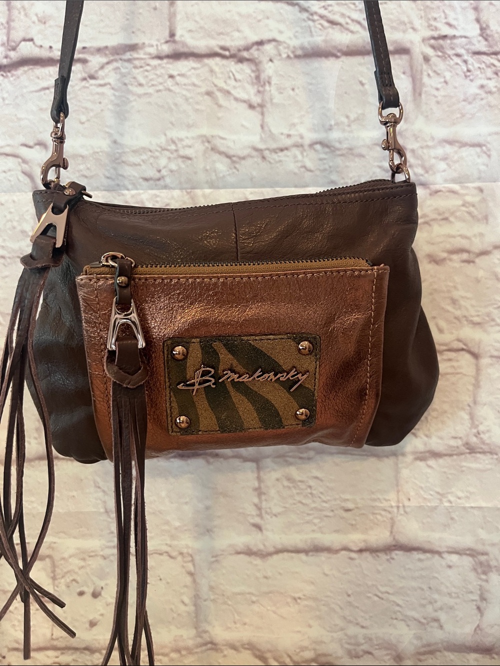 B. Makowsky Brown & Bronze Leather Crossbody with Tassels